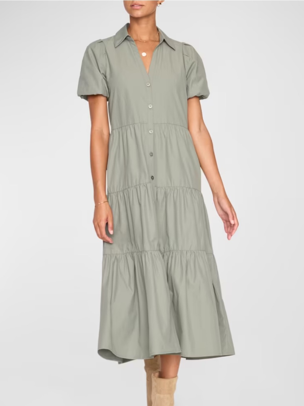 Brochu Walker Havana Tiered Puff Sleeve Shirtdress Agave Green Medium